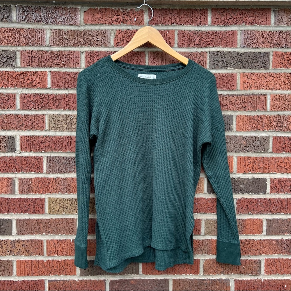 Abercrombie & Fitch Forest Green Crewneck Waffle Cut Long Sleeve Top